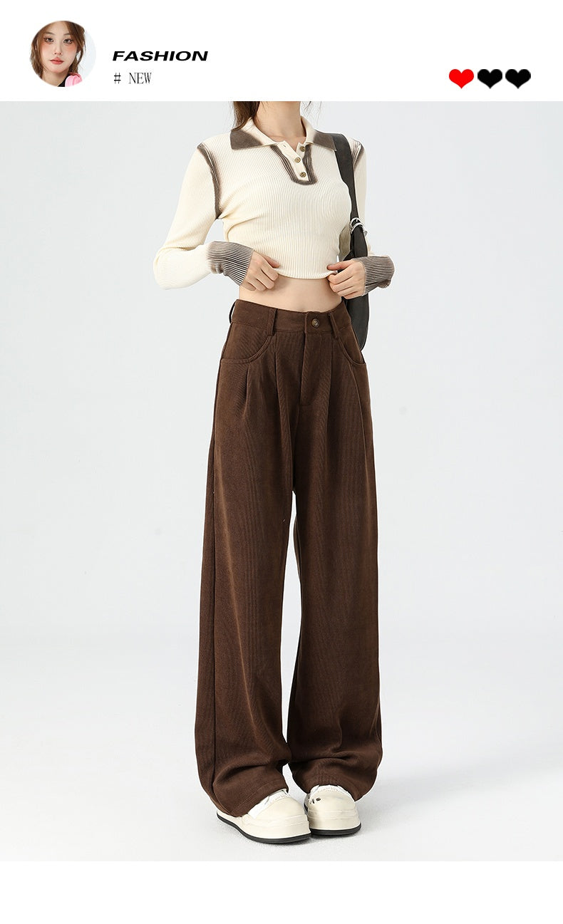 Maillard dark brown corduroy pants, new autumn/winter style, high-waisted, short-leg brown, casual pants.