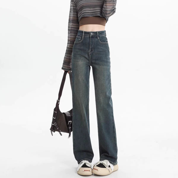 Women's straight-leg fleece-lined jeans, new autumn/winter style, high-waisted, retro, petite, slim-fit, wide-leg pants.