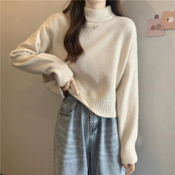 French-style short sweater for women, autumn and winter, petite, thick, soft and gentle style, high neck pullover knitwear