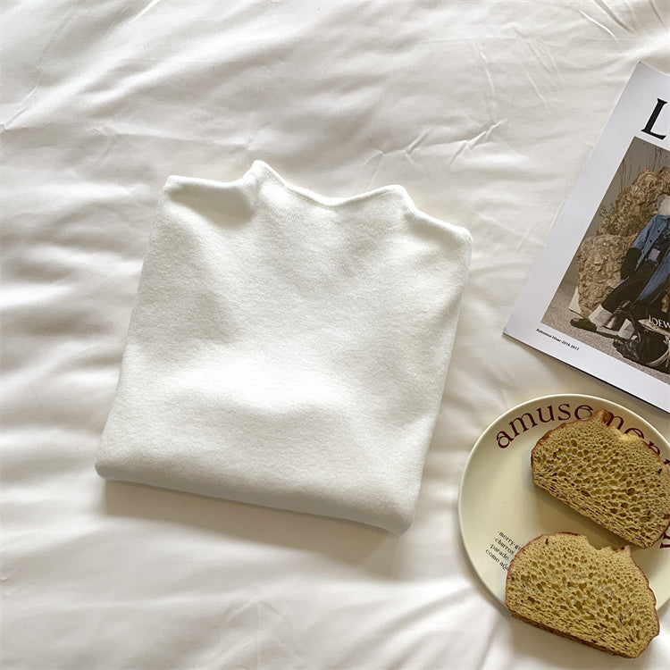 Soft and fluffy cashmere-feel high-neck knitted base layer sweater for women in spring, autumn and winter, with fleece lining, solid color, pullover sweater.