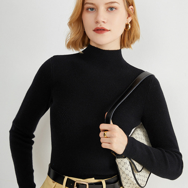 Women's Autumn/Winter High-Neck Sweater, Slim Fit, Solid Color, High-End Wool Knit Base Layer, Striped Design, Suitable for Inner Wear or Outer Wear