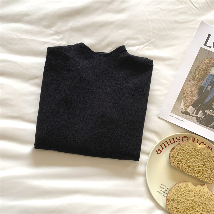 Soft and fluffy cashmere-feel high-neck knitted base layer sweater for women in spring, autumn and winter, with fleece lining, solid color, pullover sweater.