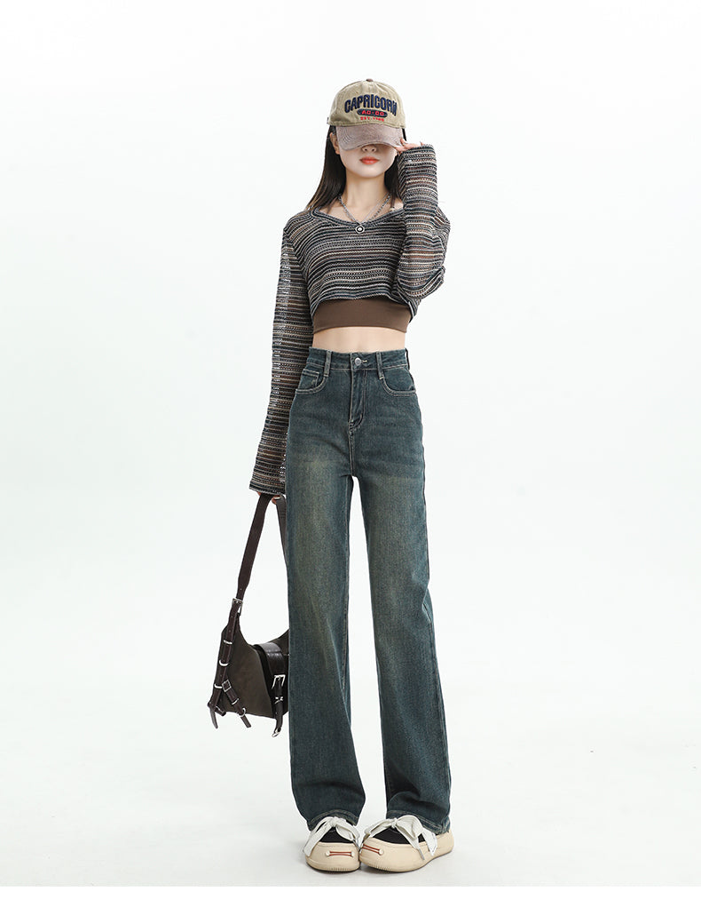 Women's straight-leg fleece-lined jeans, new autumn/winter style, high-waisted, retro, petite, slim-fit, wide-leg pants.