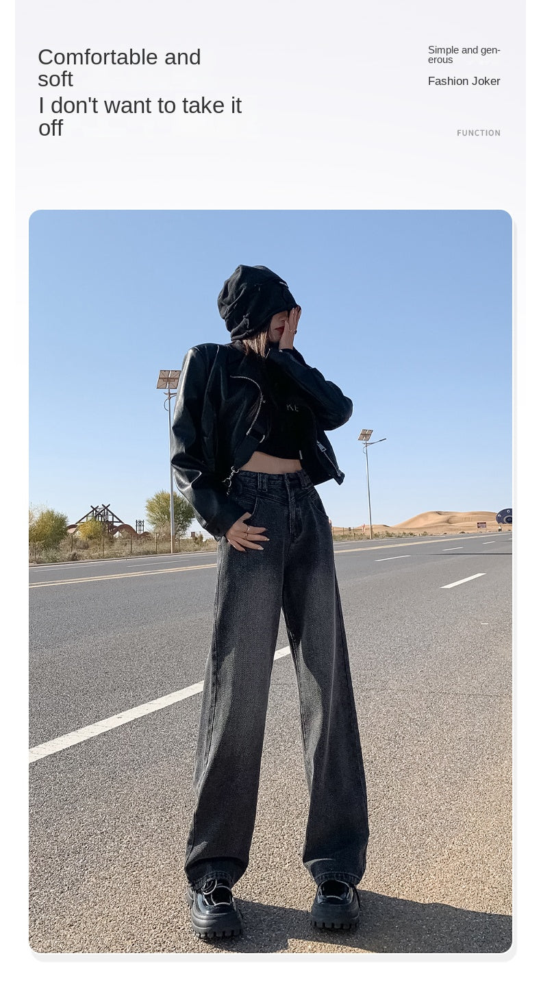 New style black and gray wide-leg jeans for women, American style, high-waisted, loose fit, slimming, straight leg, autumn and winter look.