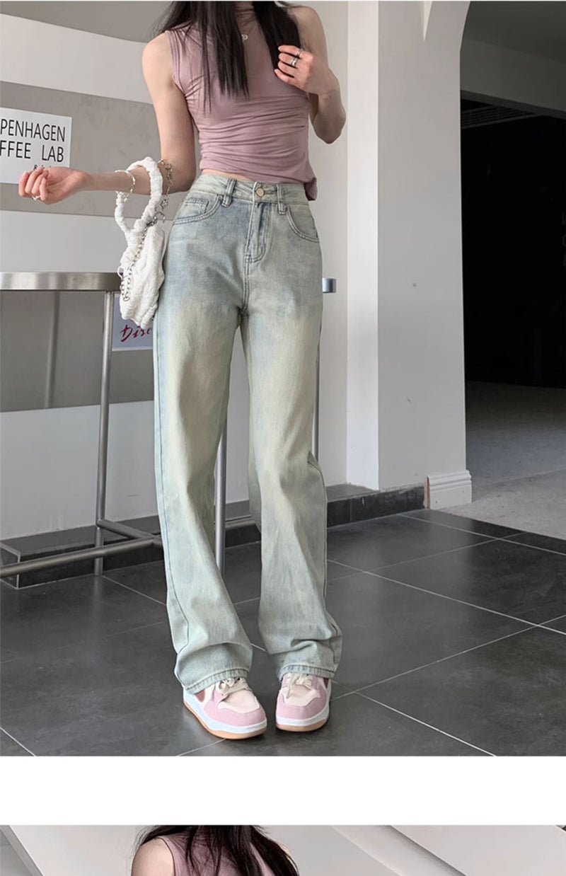 Light-colored slim-fit wide-leg jeans for women, new style, high-waisted, slimming, petite, loose straight leg pants