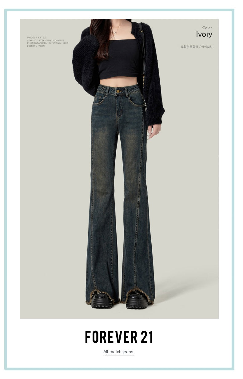 Retro American style high-waisted nano gray flared jeans for women, slimming, platform, floor-length trousers