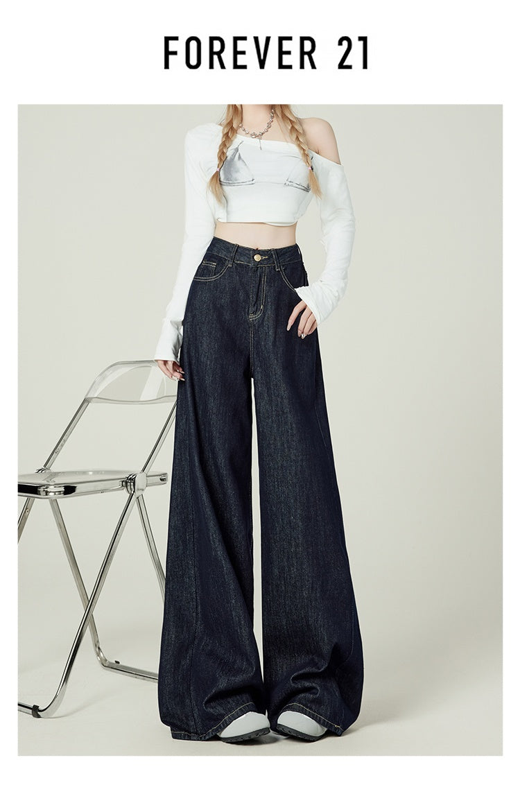Retro-style denim blue wide-leg jeans for women, American style, high-waisted, loose-fitting, pear-shaped, floor-length.