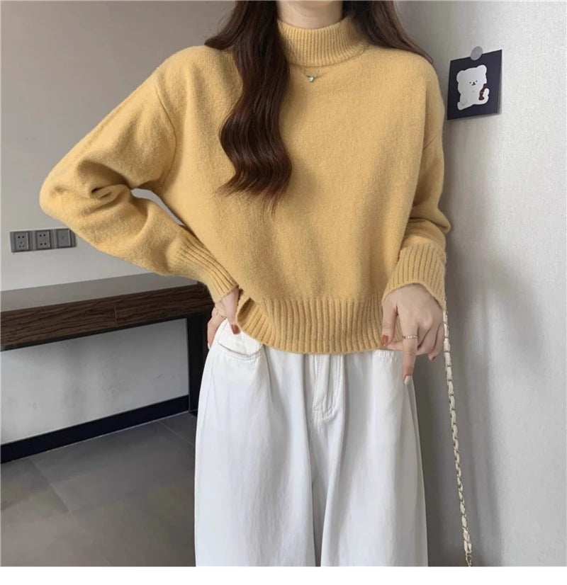 French-style short sweater for women, autumn and winter, petite, thick, soft and gentle style, high neck pullover knitwear
