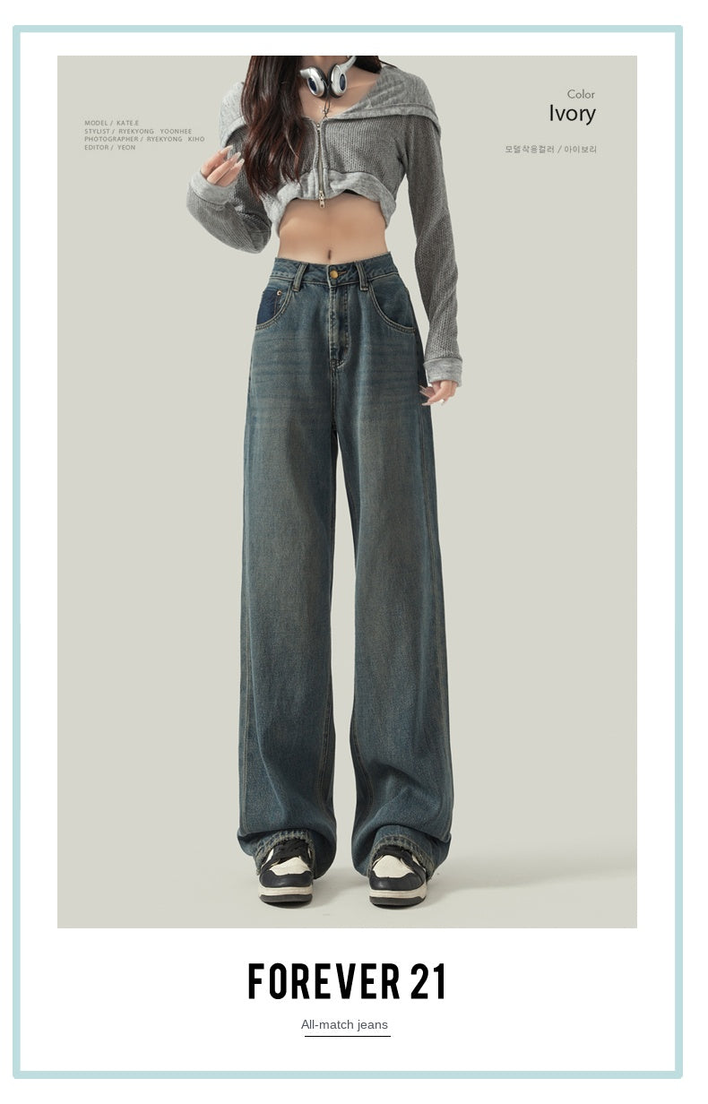 Cement gray straight leg jeans for women, new style, retro Hong Kong style, slimming, drapey wide leg pants