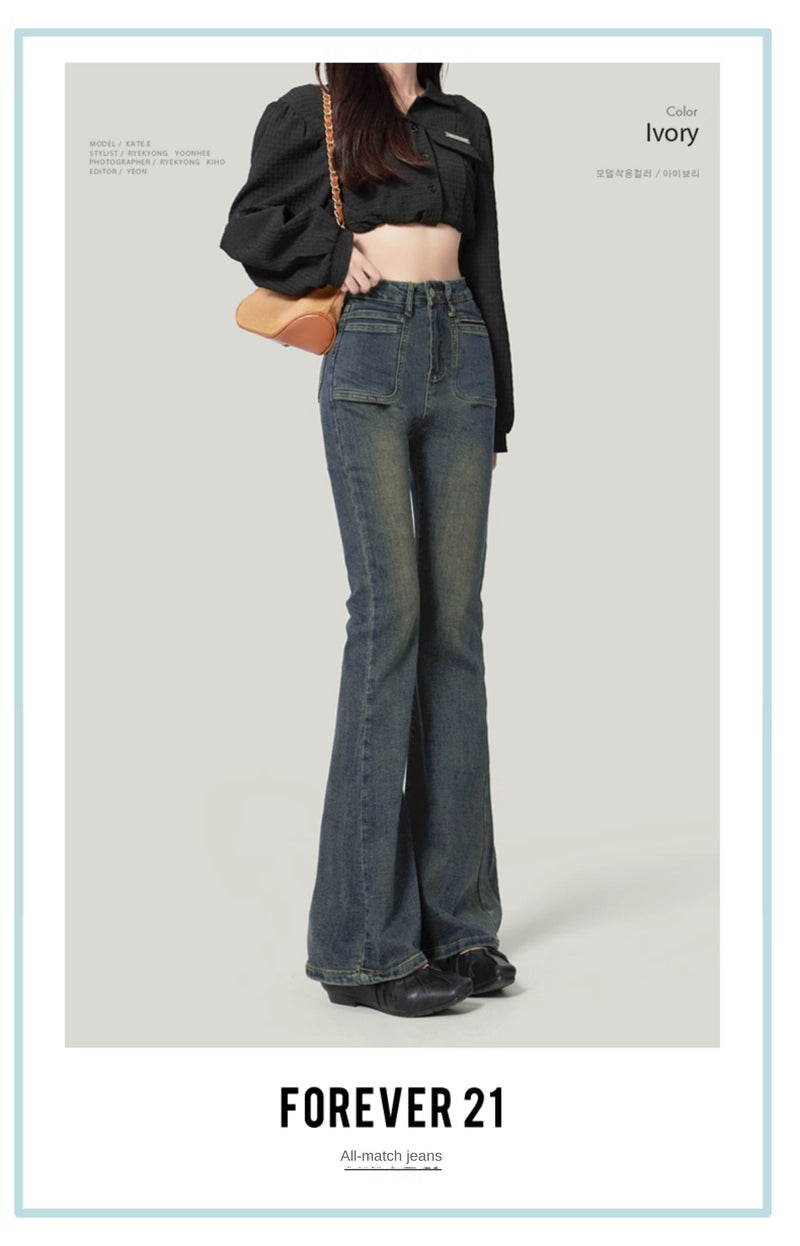 Women's Black Flared Jeans, 2020 New Style, High-Waisted, Stretch, Horse-Shaped Pants