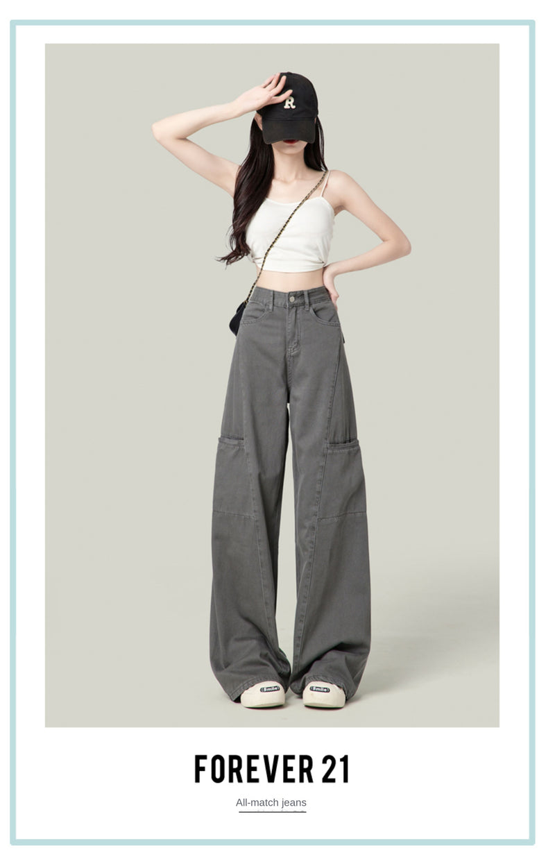 American-style wide-leg cargo pants, new retro high-waisted straight leg jeans for women.