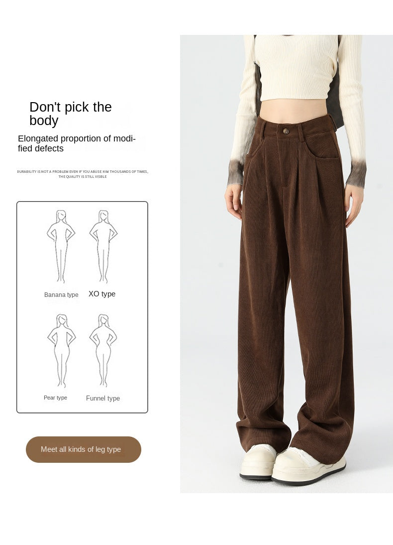 Maillard dark brown corduroy pants, new autumn/winter style, high-waisted, short-leg brown, casual pants.