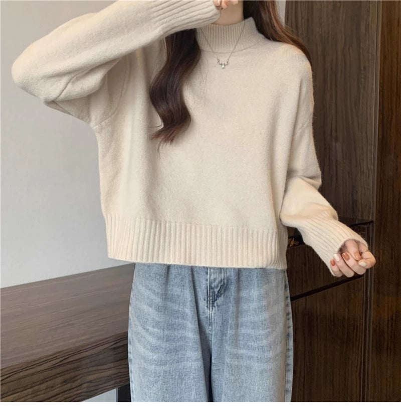 French-style short sweater for women, autumn and winter, petite, thick, soft and gentle style, high neck pullover knitwear
