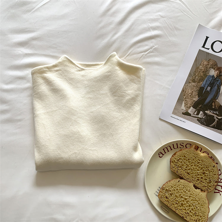 Soft and fluffy cashmere-feel high-neck knitted base layer sweater for women in spring, autumn and winter, with fleece lining, solid color, pullover sweater.