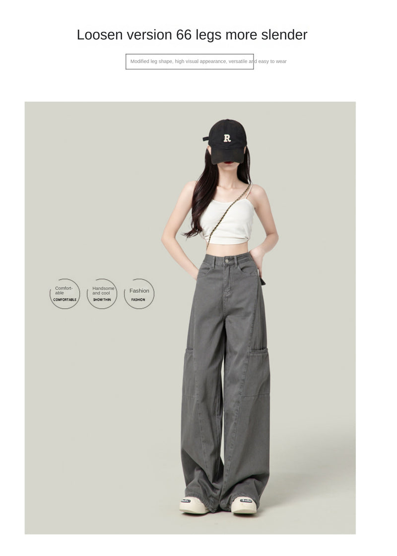 American-style wide-leg cargo pants, new retro high-waisted straight leg jeans for women.