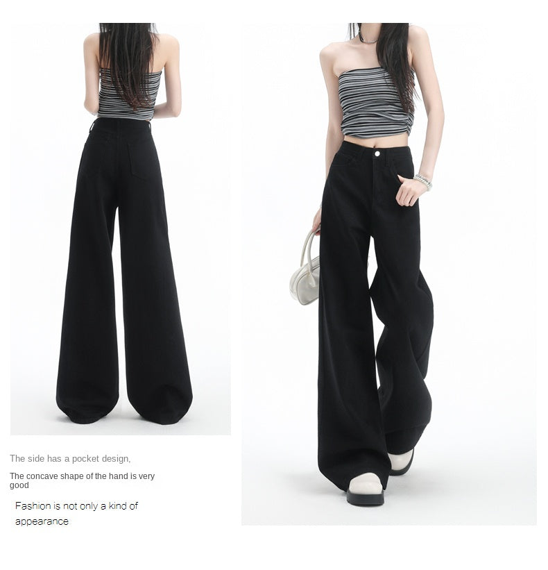 Stylish black high-waisted wide-leg jeans for women with pear-shaped figures, loose-fitting straight leg.
