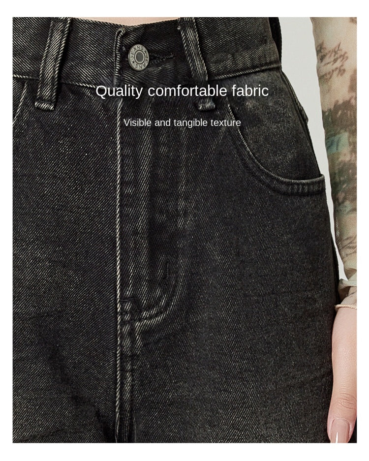 American retro high-waisted wide-leg jeans for women, sexy black loose-fitting slim-fit pear-shaped straight leg pants