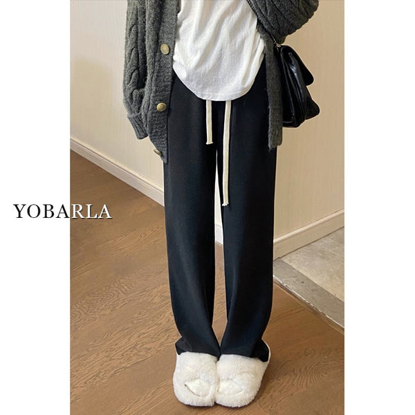 Women's Casual Straight Leg Wide-Leg Pants for Autumn and Winter, Fleece Lined, Plus Size, Loose Fit, Slimming for Pear-Shaped Figures