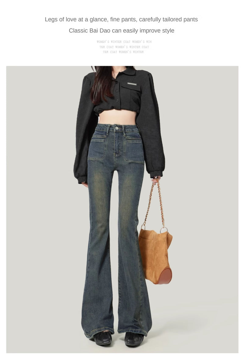 Women's Black Flared Jeans, 2020 New Style, High-Waisted, Stretch, Horse-Shaped Pants