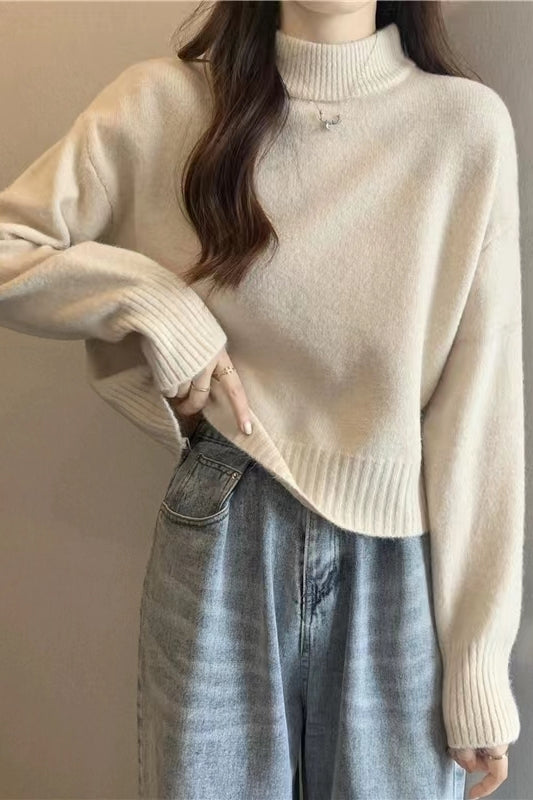 French-style short sweater for women, autumn and winter, petite, thick, soft and gentle style, high neck pullover knitwear