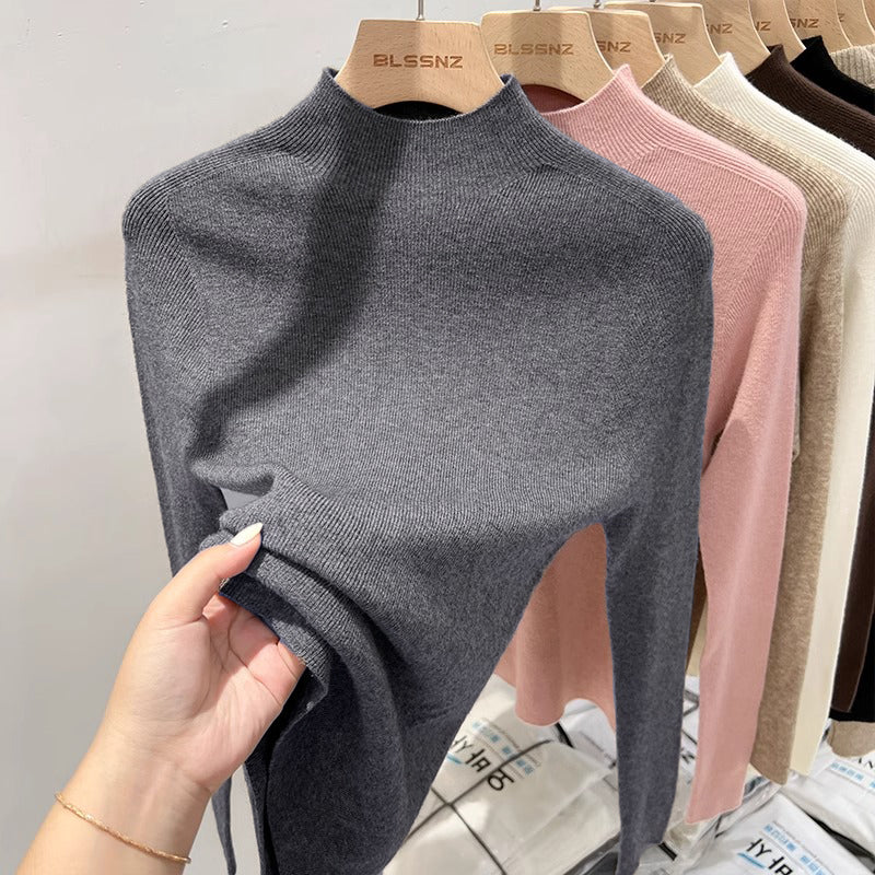 100% Soft and Cozy Wool Sweater for Women, White High-Neck Knitted Base Layer, Slim Fit and Elegant Tri-Neck Sweater