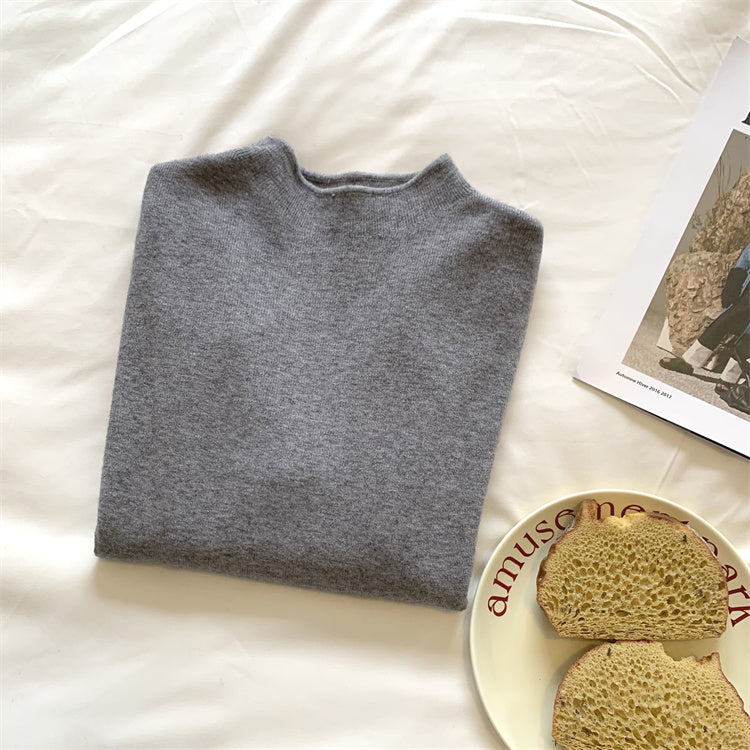 Soft and fluffy cashmere-feel high-neck knitted base layer sweater for women in spring, autumn and winter, with fleece lining, solid color, pullover sweater.