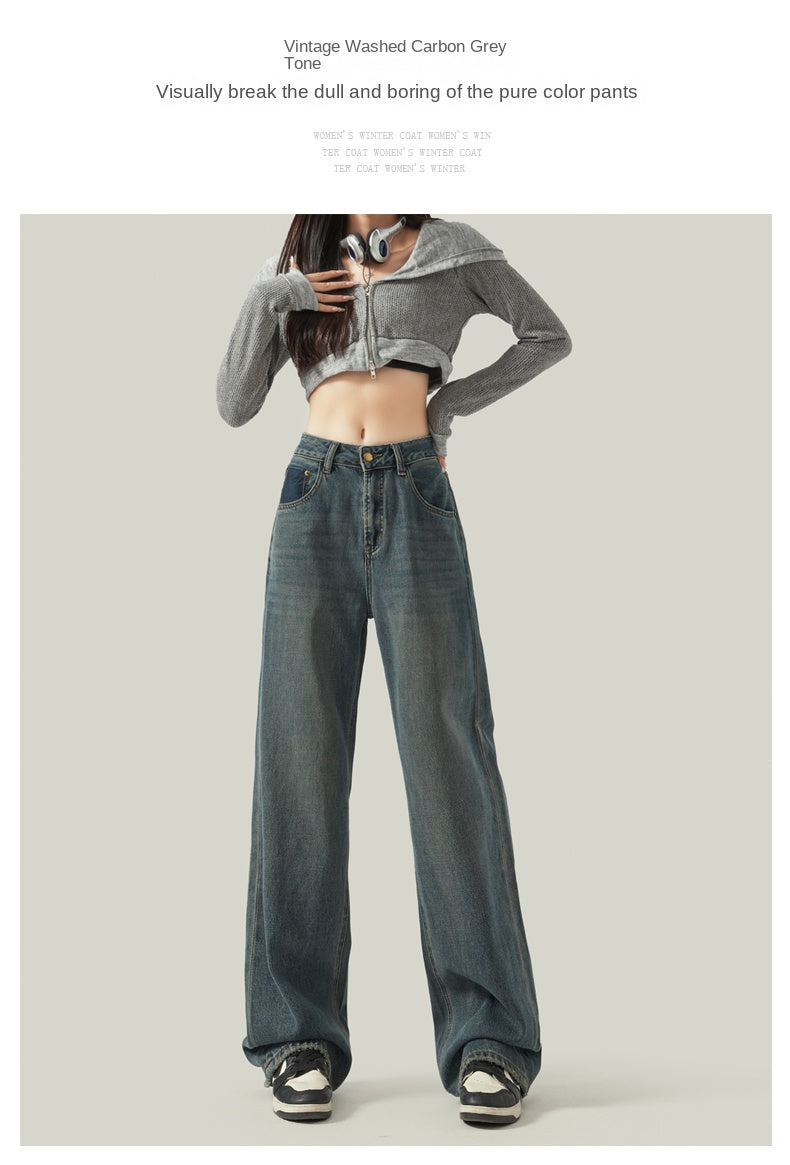 Cement gray straight leg jeans for women, new style, retro Hong Kong style, slimming, drapey wide leg pants