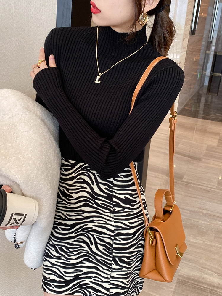 Women's high-neck sweater, new autumn and winter style, mid-neck base layer, high-end slim-fit knit top.