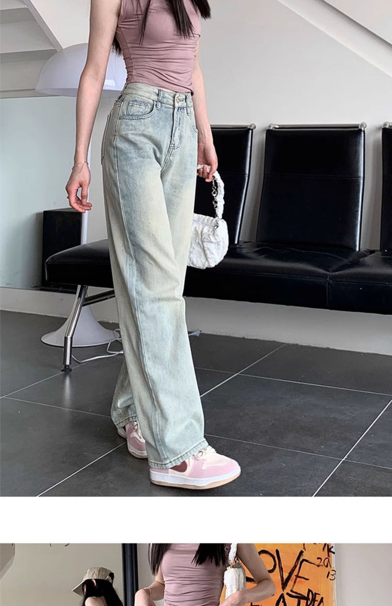 Light-colored slim-fit wide-leg jeans for women, new style, high-waisted, slimming, petite, loose straight leg pants