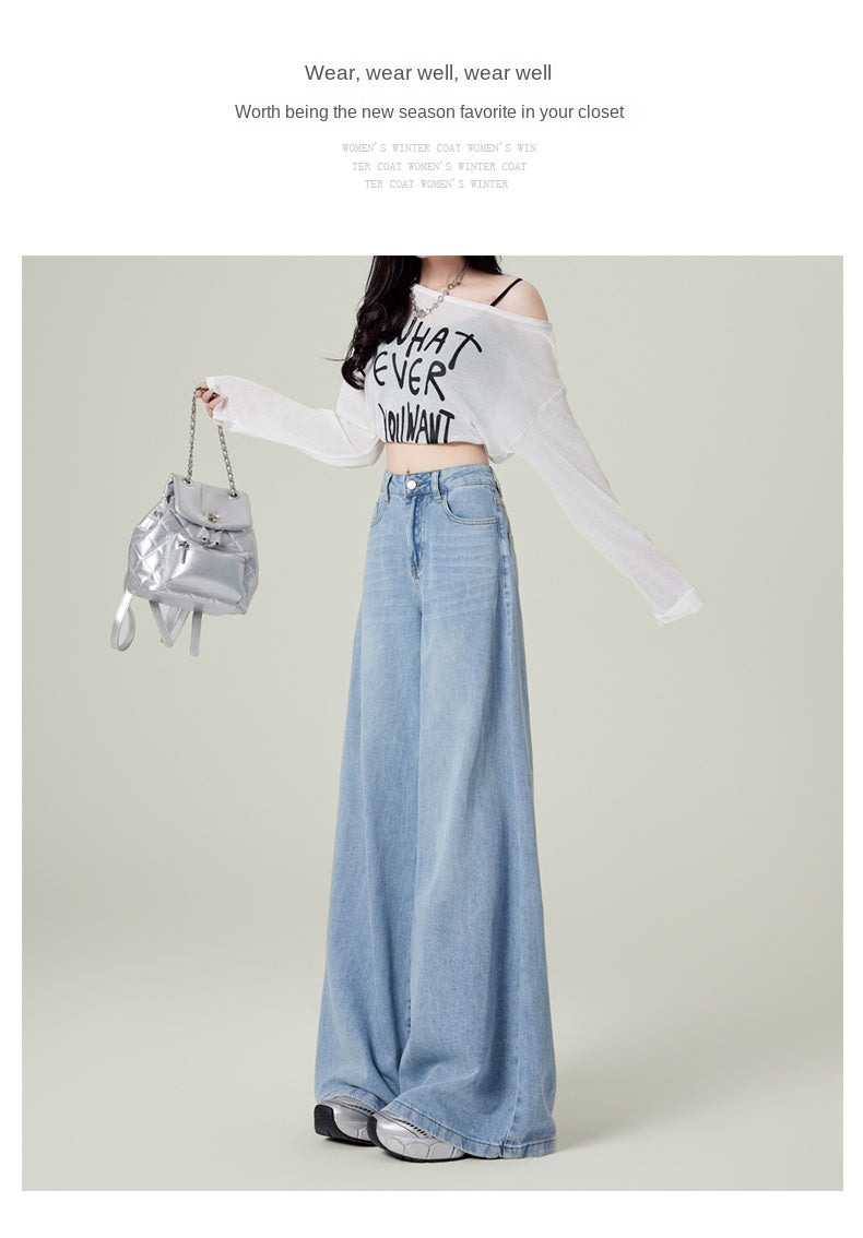 Retro dark blue wide-leg jeans for women, spring and autumn, high-waisted, loose-fitting, floor-length trousers.