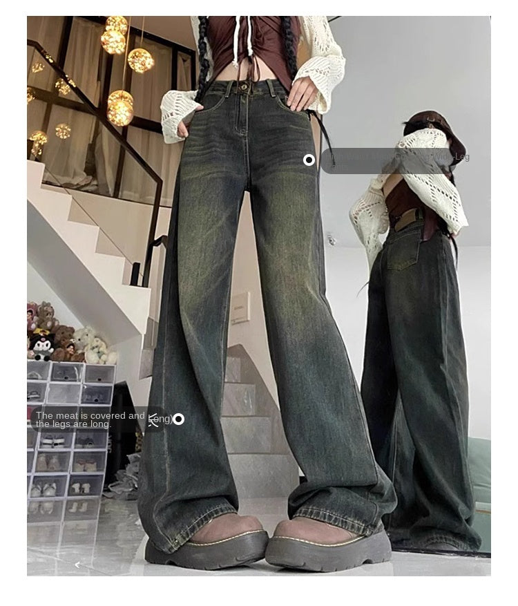 Women's wide-leg jeans for autumn and winter, fleece-lined, pear-shaped, plus-size, loose, slimming, straight-leg trousers.