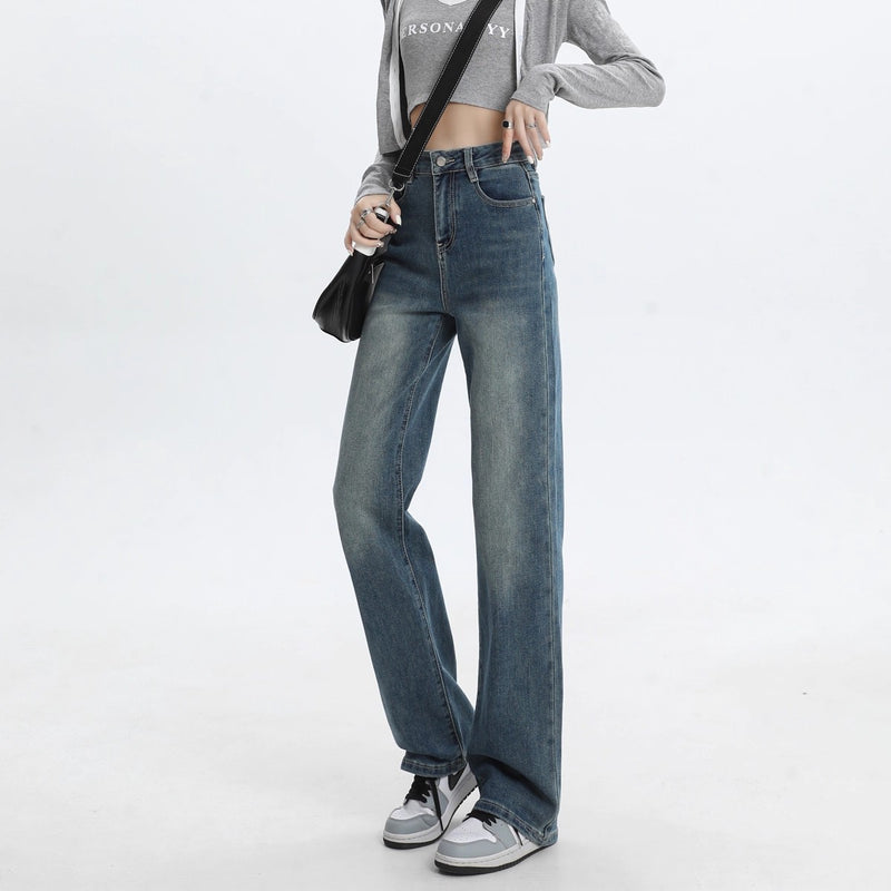 Women's straight-leg fleece-lined jeans, new autumn/winter style, high-waisted, retro, petite, slim-fit, wide-leg pants.