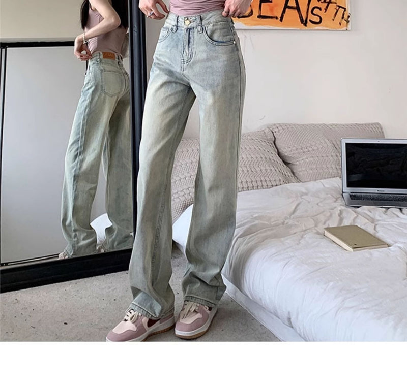 Light-colored slim-fit wide-leg jeans for women, new style, high-waisted, slimming, petite, loose straight leg pants