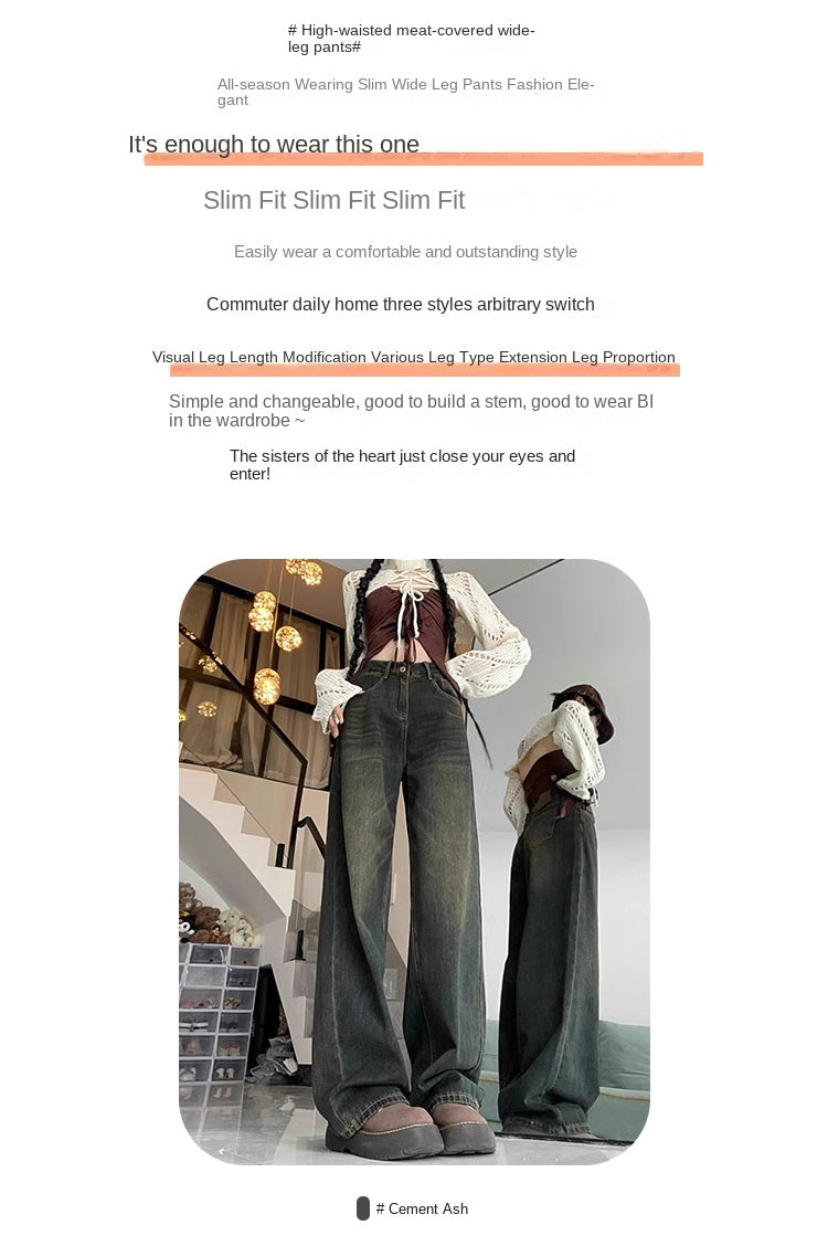 Women's wide-leg jeans for autumn and winter, fleece-lined, pear-shaped, plus-size, loose, slimming, straight-leg trousers.