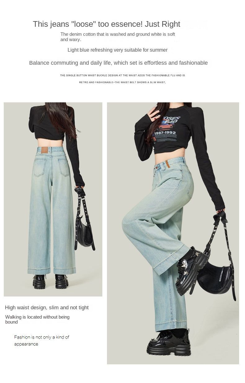 Retro blue high-waisted cropped straight leg jeans for petite women, pear-shaped, loose fit, slimming wide-leg pants