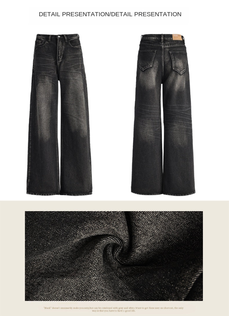 American retro high-waisted wide-leg jeans for women, sexy black loose-fitting slim-fit pear-shaped straight leg pants