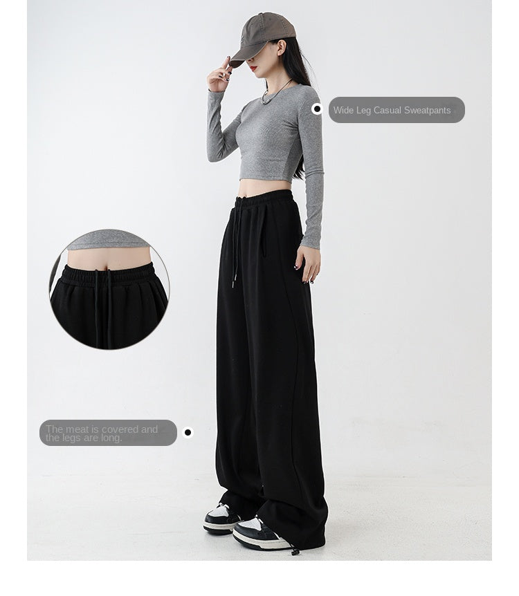 Women's black straight-leg casual pants, autumn and winter style, fleece-lined and thickened, plus size, slimming, loose and draped, wide-leg athletic sweatpants.