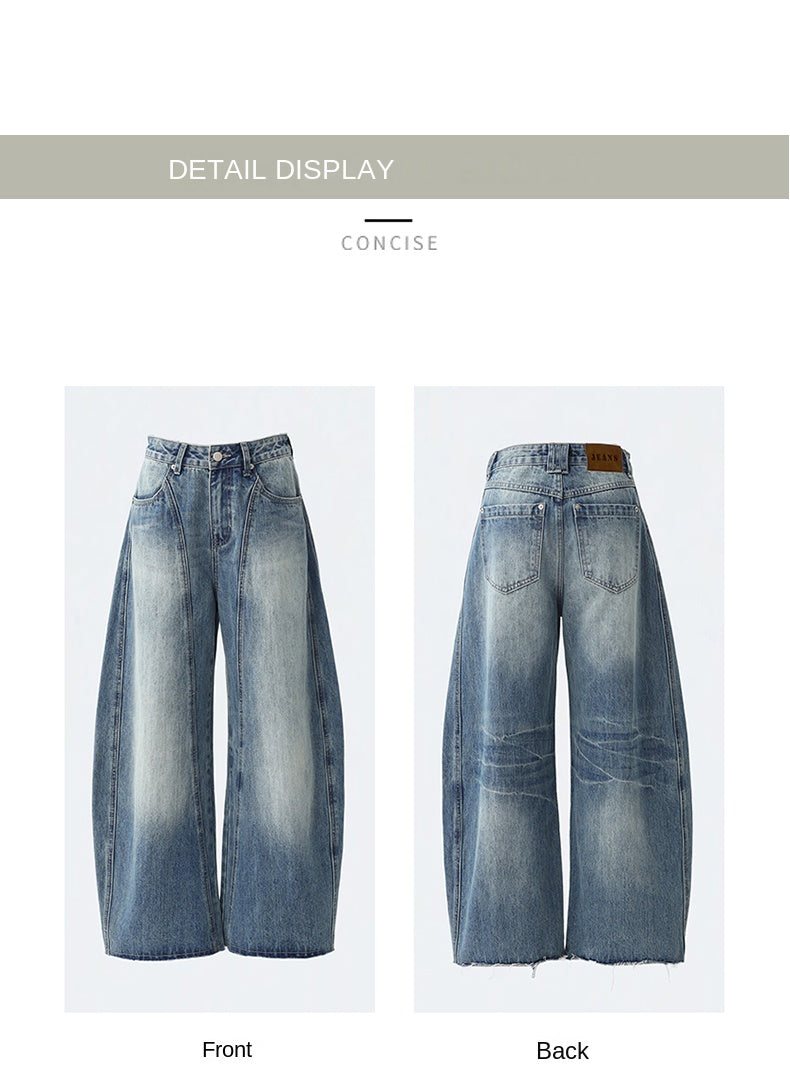 Retro blue high-street loose wide-leg jeans for women, American design, high waist and drape.
