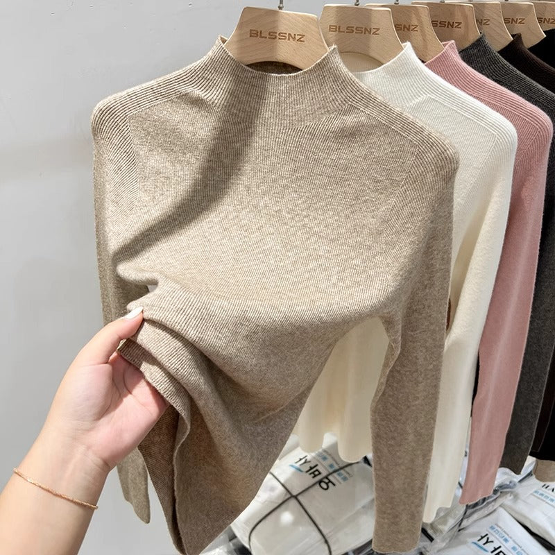 100% Soft and Cozy Wool Sweater for Women, White High-Neck Knitted Base Layer, Slim Fit and Elegant Tri-Neck Sweater