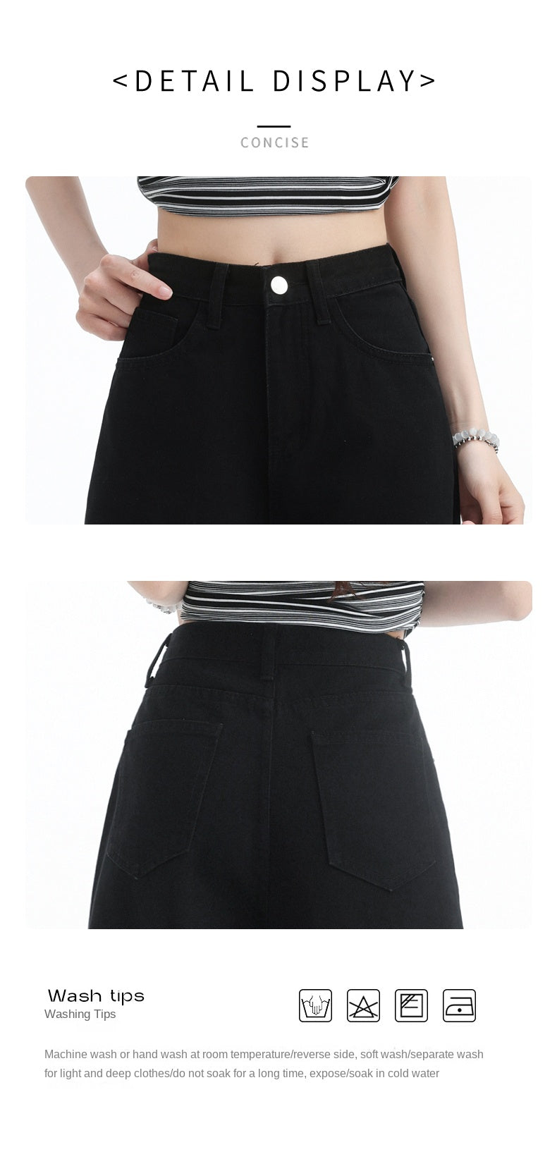 Stylish black high-waisted wide-leg jeans for women with pear-shaped figures, loose-fitting straight leg.