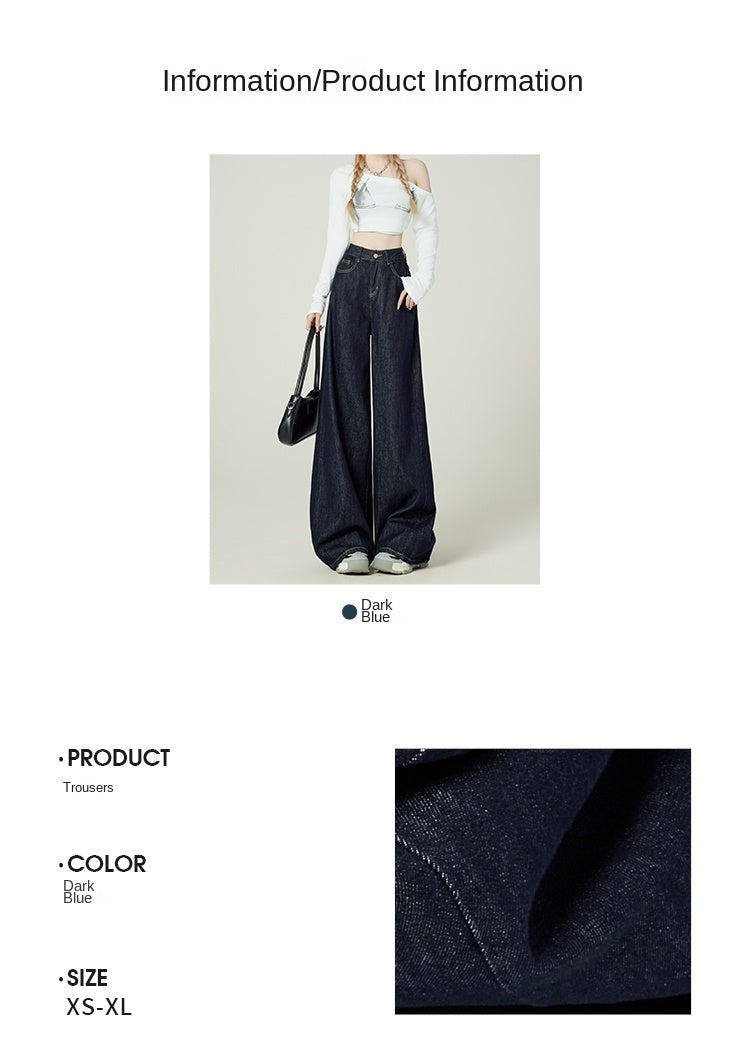 Retro-style denim blue wide-leg jeans for women, American style, high-waisted, loose-fitting, pear-shaped, floor-length.