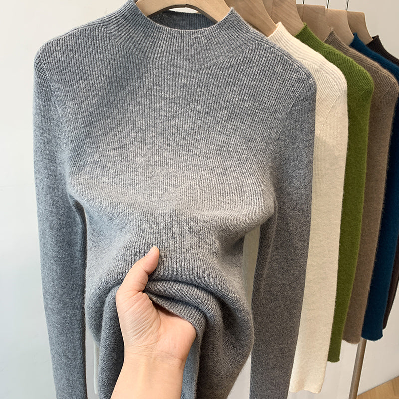 100% Soft and Cozy Wool Sweater for Women, White High-Neck Knitted Base Layer, Slim Fit and Elegant Tri-Neck Sweater