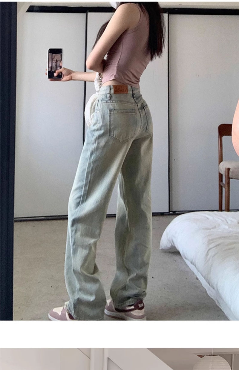 Light-colored slim-fit wide-leg jeans for women, new style, high-waisted, slimming, petite, loose straight leg pants