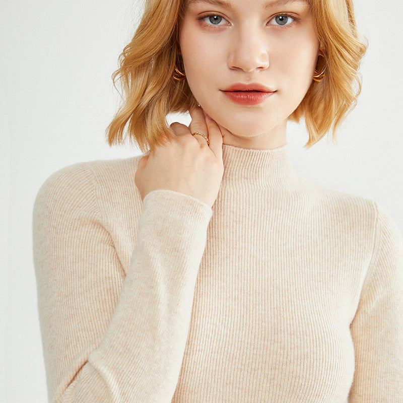 Women's Autumn/Winter High-Neck Sweater, Slim Fit, Solid Color, High-End Wool Knit Base Layer, Striped Design, Suitable for Inner Wear or Outer Wear