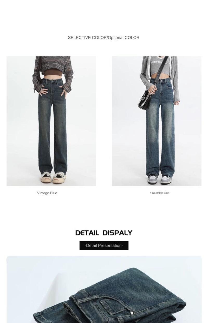 Women's straight-leg fleece-lined jeans, new autumn/winter style, high-waisted, retro, petite, slim-fit, wide-leg pants.