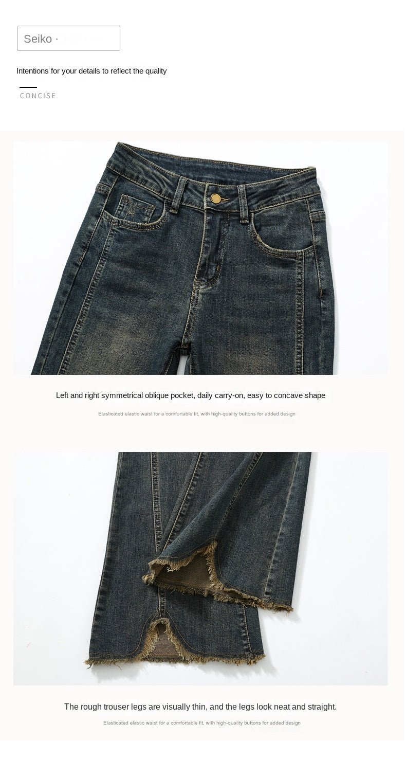 Retro American style high-waisted nano gray flared jeans for women, slimming, platform, floor-length trousers