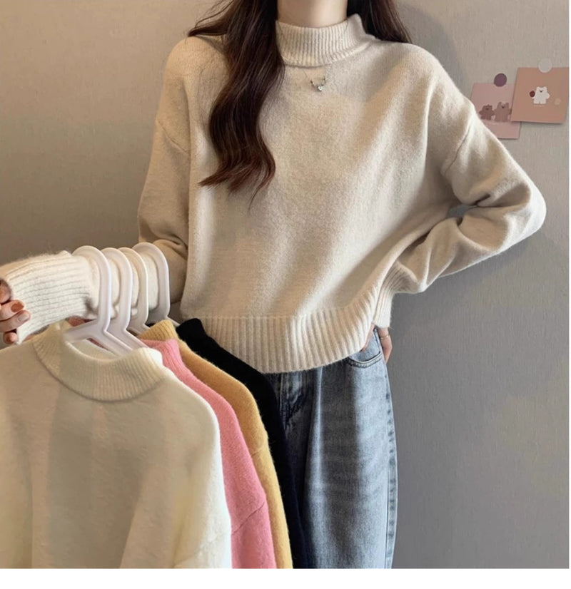 French-style short sweater for women, autumn and winter, petite, thick, soft and gentle style, high neck pullover knitwear