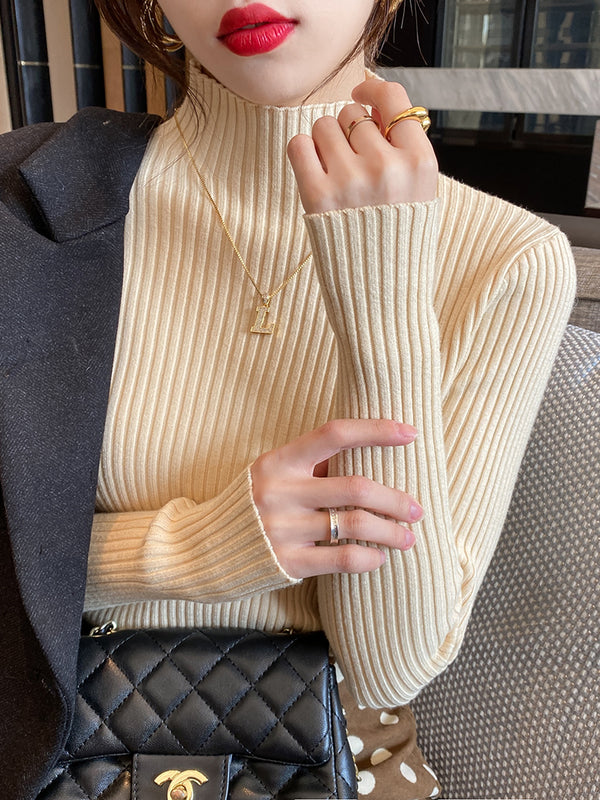 Women's high-neck sweater, new autumn and winter style, mid-neck base layer, high-end slim-fit knit top.