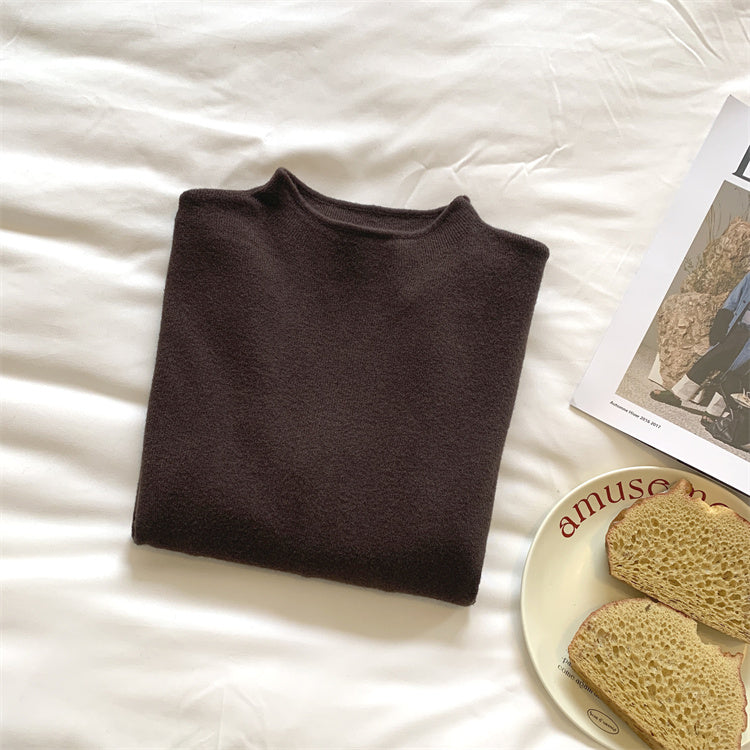 Soft and fluffy cashmere-feel high-neck knitted base layer sweater for women in spring, autumn and winter, with fleece lining, solid color, pullover sweater.