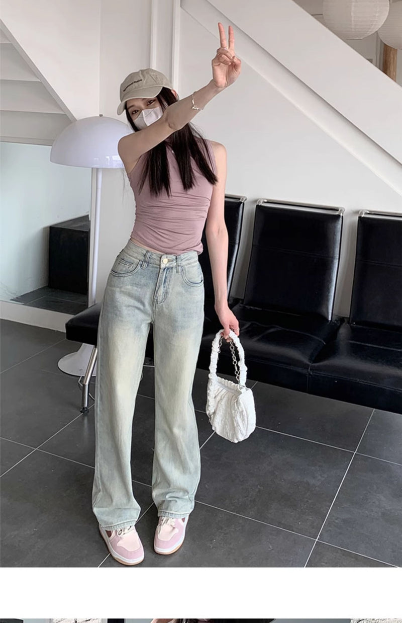 Light-colored slim-fit wide-leg jeans for women, new style, high-waisted, slimming, petite, loose straight leg pants